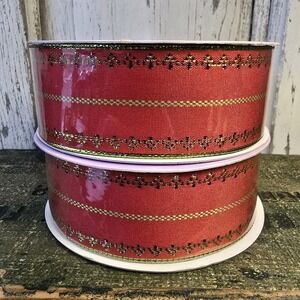 Set of 2 Red & Gold Wired Holiday Ribbons – Metallic Trim, 1.5"x25yds Each NEW